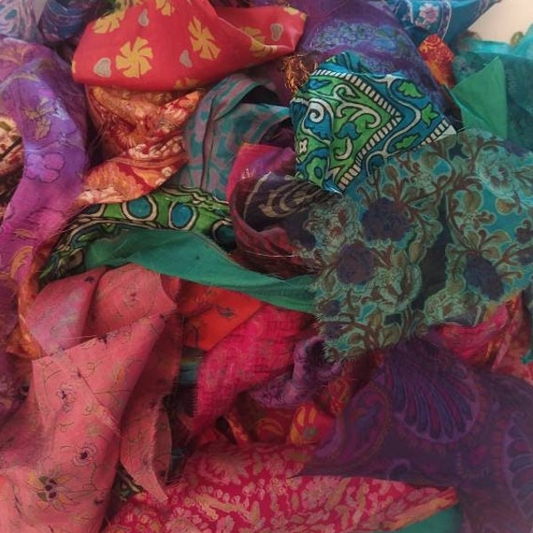 Sari Silk Fabric Scraps Remnants for Slow Stitch and Crazy Quilting Projects, Recycled Vintage Saree, Sustainable Textile Art