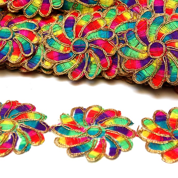 Multi Colored Floral Design Trim, Indian Sari Trim, 1 Yard, Rainbow Colored Trim w/ Gold, Home Decor, Hippy, Pride Costume Trim, Festival