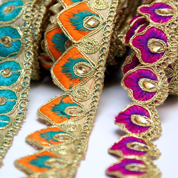 Indian Sari Trim, Peacock Lace, Saree Border Lace, Choose Color, Mermaid Trim, Belly Dance, Gopi Skirt Trim, Ethnic Lace, 1Yard