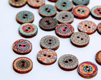 Round Retro Style Wooden Buttons, set of 10,  small Accent Buttons, Closures, Fasteners, Sewing, Two eye Button, Decorative Notions, 15mm