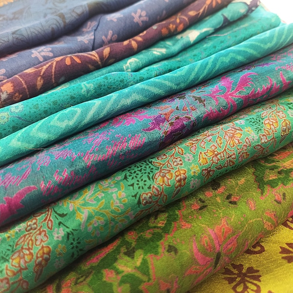 Sari Silk Fabric Fat Quarter an Smaller Cuts, Hues of Green & Blues, Recycled Vintage Saree, Nuno Felting, Quilting, Furushiki, Sustainable
