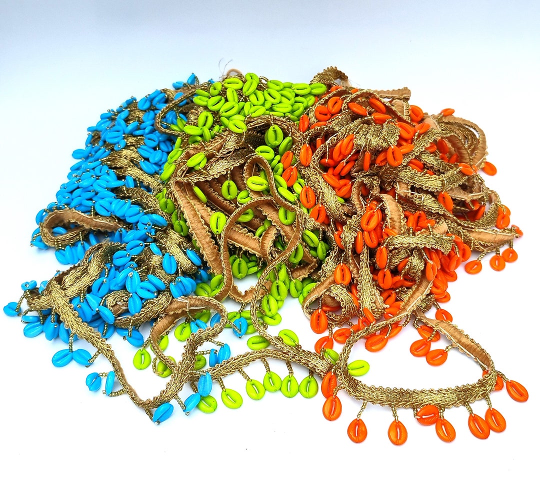 Cowrie Shell Trim, Lime Green, Turquoise, Orange, Shell Trim Lace, Sea