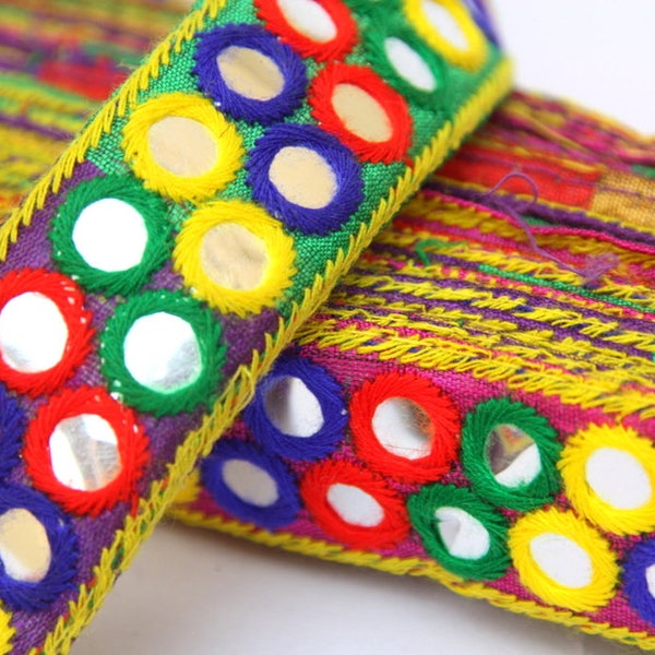 Sari Trim, Indian Faux Mirror Lace Trim, Rainbow Colored Trim,1yard, Ethnic Banjara Style Trim, Gypsy, Hippy, Home Decor Trim, DIY Jeans