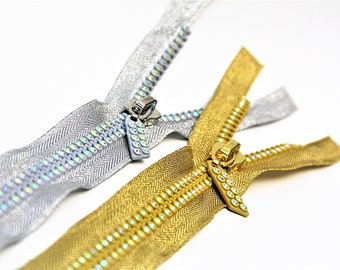 Rhinestone Zipper, 16inch or 40 CM, Decorative Zipper Pull, Bling Zipper, Separating Zipper, Trending, Metallic Gold Silver, Crystal Zipper