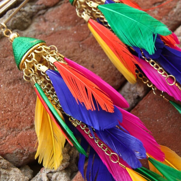 Feather Tassels, Set of 2, Bag Embellishment, Ethnic Adnornmant, Jewelry Supply Tassel, Colorful Feathers & Chain,Indian Tassel, Sandals