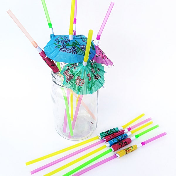 Cocktail Umbrella Drinking Straws, Summer Fun Beach Party, Tropical Luau Hawaiian Pool Party Decoration, Tiki Hut Retro Straws