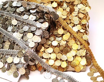 Coin Fringe Trim, Indian Trim Lace, Gold or Silver, 1 yrd, Hippy, Bikini or Scarf Lace, Belly Dance Coins, Banjara Trim
