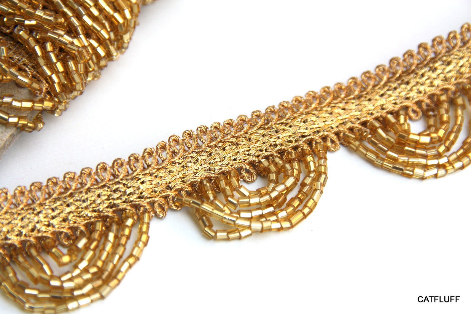 Gold Scallop Edged Glass Bead Fringe Trim Beaded Fringe Etsy