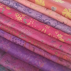 Pink Purple & Coral Shades, Sari Silk Fabric Fat Quarter Recycled Vintage Saree Scraps Remnant for Journals, Nuno, Quilting, Furushiki Craft