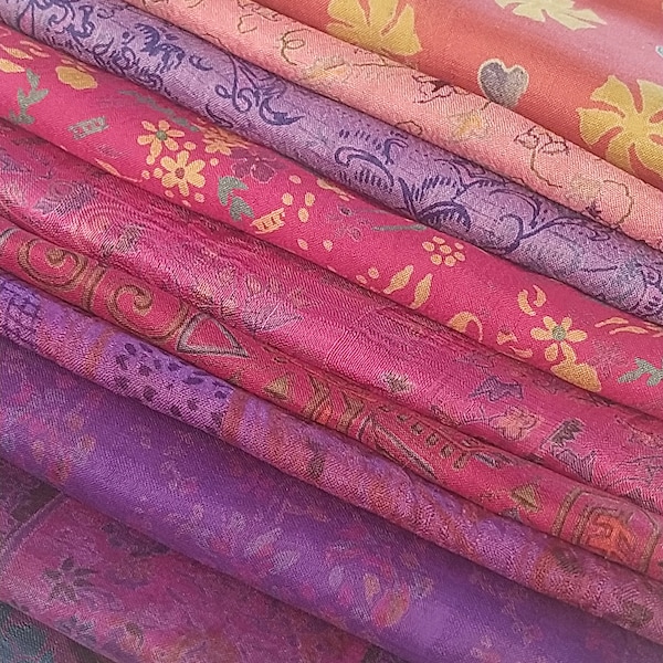 Pink Purple & Coral Shades, Sari Silk Fabric Fat Quarter Recycled Vintage Saree Scraps Remnant for Journals, Nuno, Quilting, Furushiki Craft