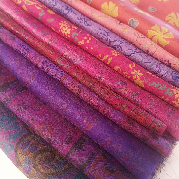 Sari Silk Fabric Fat Quarter, Pink, Purple & Coral Hues, Recycled Vintage Saree Scraps Remnant for Journals, Nuno, Quilting, Furushiki Craft
