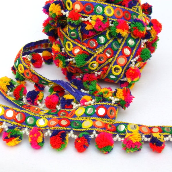 Banjara Trim, Kutch Pompom Trim, Mirror Rainbow Indian Lace,DIY Jean Jacket Trim, 1 Yard, Home Decor, Ethnic Trim, Pom Pom Lace,Choose Color