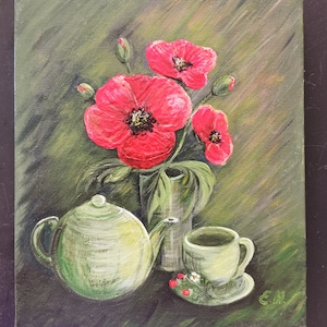 Strauß Mohnblumen, blumen, bouquet, poppies, poppies, flowers, wild strawberries, cup, tea, coffee, painting, 25x30cm, Welcome