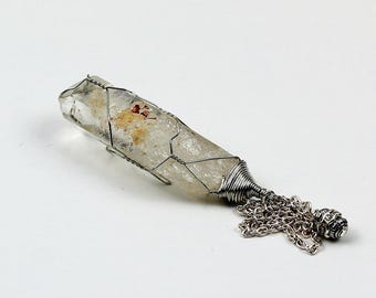 Natural Rough Clear Quartz Point Pendulum – Wire Wrapped Raw Gemstone Necklace, Healing, Scrying,  Reiki, Channeling, Chakra Balancing