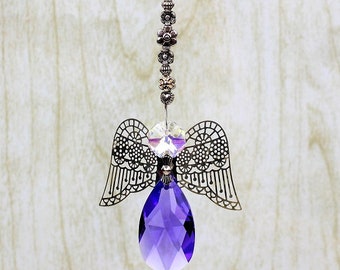 Swarovski Strass Guardian Angel Suncatcher, Blue Violet Crystal, Spiritual Angel Decorated Suncatcher, Handcrafted Hanging Window Decoration