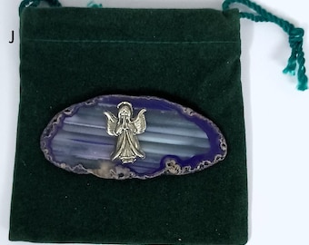 Praying  Angel on Agate Slice, Pocket Token with Verse, Sympathy, Comfort, Christening & Communion Gift