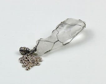 Clear Quartz Point Pendulum, Wire Wrapped Silver Necklace, Dowsing