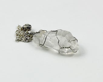 Natural Rough Clear Quartz Point Pendulum, Wire Wrapped Raw Gemstone Necklace,  Healing, Scrying, Reiki, Channeling, Chakra Balancing
