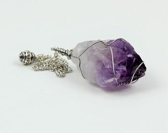 Amethyst Healing Pendulum Necklace, Raw Wire Wrapped Crystal Point for Reiki, Dowsing & Divination