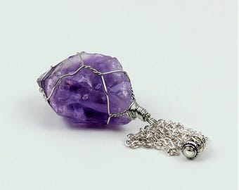 Raw Amethyst Wire Wrapped Pendulum Necklace