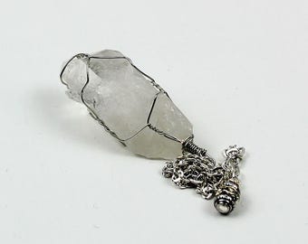 Raw Clear Quartz Point Pendulum Necklace, Wire Wrapped Crystal