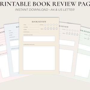 May include: A set of five printable book review pages in pastel colors featuring fields for title, author, genre, dates read, favorite quotes, and summary. The layout includes a five-star rating system and a five-flame spice rating scale.
