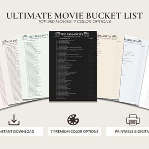 Puede incluir: Una colección de siete hojas de lista de películas imprimibles tituladas ULTIMATE MOVIE BUCKET LIST TOP 250 MOVIES. Cada hoja presenta una lista numerada de películas con casillas de verificación en varios colores, incluyendo negro, blanco, azul claro y rosa.