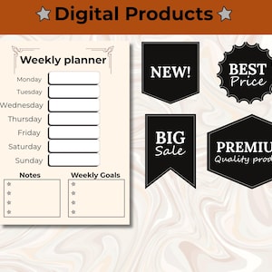 May include: Digital product design featuring a weekly planner with sections for each day, notes, and weekly goals. Includes black tags with "NEW!", "BEST Price", "BIG Sale", and "PREMIUM Quality product" text.
