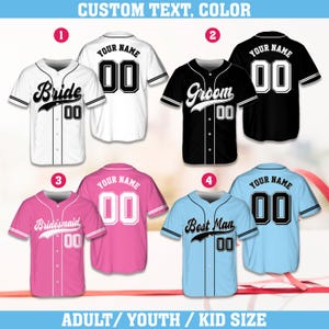 Personalisierte Name Anzahl Braut und Bräutigam Baseball Jersey, Benutzerdefinierte Farbe Hochzeitsfeier Passende Jerseys für Brautjungfern, Groomsmen, Trauzeuge