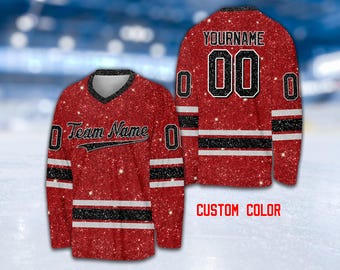 Camisa de hóquei no gelo com glitter falso personalizada, camisa de hóquei com nome e número personalizados, camisa de time de hóquei, traje para o dia do jogo para fãs de hóquei
