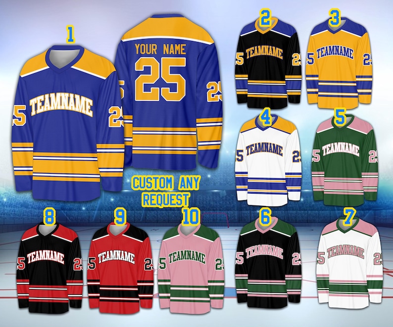 May include: Ten different hockey jersey designs with various color combinations. The jerseys have a white, yellow, and blue stripe pattern around the waist. The jerseys have the text "TEAMNAME" and a number on the front. The jerseys have the text "YOUR NAME" and a number on the front. The jerseys have the text "CUSTOM ANY REQUEST" on the bottom.