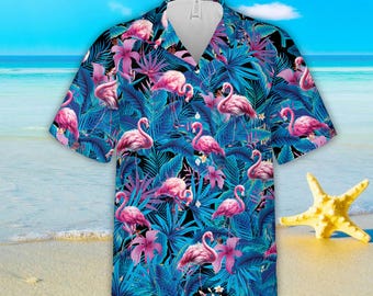Camisa hawaiana con flamencos tropicales para hombres y mujeres, camisa abotonada con flamencos rosados para amantes de los flamencos, camisa hawaiana de playa de verano con follaje azul