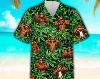 Rolig Bigfoot 420 Hawaiiskjorta för män och kvinnor, rökande Sasquatch cannabisbladskjorta, trippy marijuanablad Bigfoot sommar Aloha-skjorta