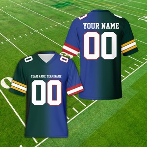 May include: Two customizable football jerseys with a split design. The left side of the jersey is green and the right side is blue. The jersey on the left has the text "TEAM NAME TEAM NAME" and the number "00". The jersey on the right has the text "YOUR NAME" and the number "00".