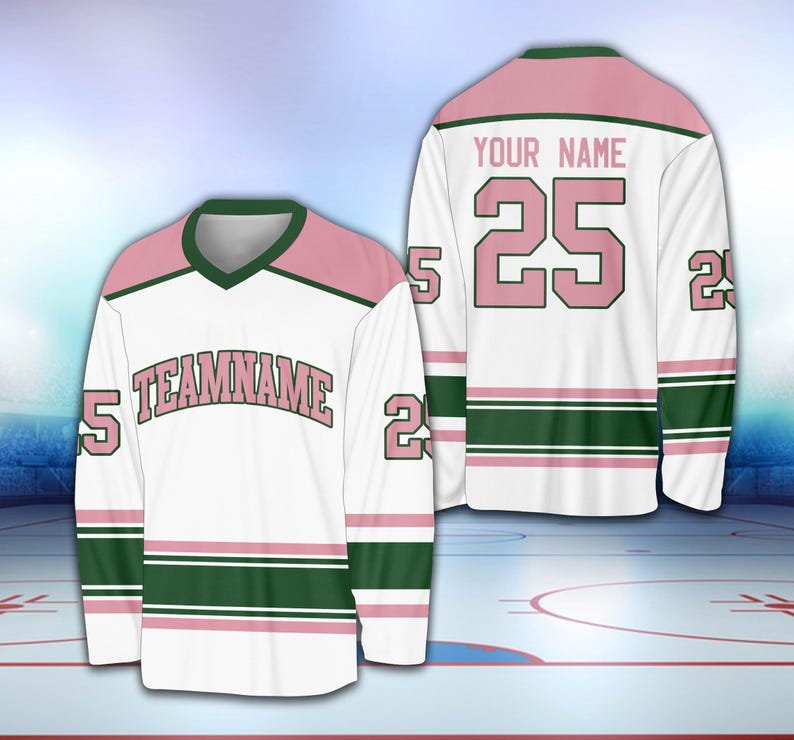 May include: White hockey jersey with pink and green stripes. The jersey has the number 25 on the back and the text "YOUR NAME" above it. The front of the jersey has the text "TEAMNAME" in pink letters.