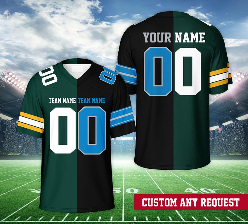May include: A black and green football jersey with a blue and white number "00" on the front. The jersey is split down the middle with one side black and the other green. The text "TEAM NAME" is printed on the jersey. The text "YOUR NAME" is printed on the jersey. The jersey is on a green field with a white line.