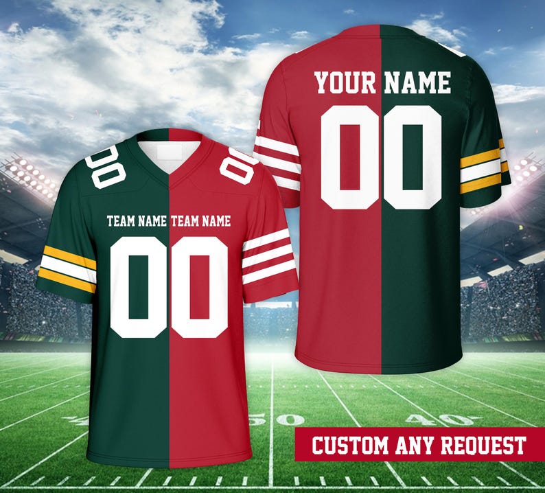 May include: A customizable football jersey with a split design. One side is red with white stripes and the other side is green with yellow stripes. The jersey has a white number "00" on the front and the text "YOUR NAME" above the number. The text "TEAM NAME TEAM NAME" is below the number. The jersey is on a green field with a crowd of people in the background.