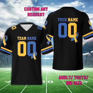 May include: Black football jersey with yellow and blue ribbon accents. The jersey has a customizable name and number. The text "CUSTOM ANY REQUEST" and "ADULT/YOUTH/KID SIZE" is also visible.