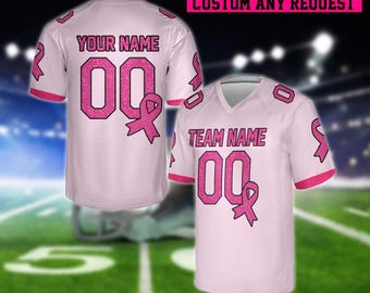 Camiseta de fútbol personalizada con purpurina sintética para concienciar sobre el cáncer de mama, camiseta personalizada con lazo rosa para el cáncer de mama, regalo de apoyo para sobrevivientes del cáncer
