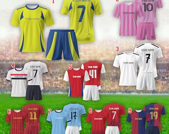Puede incluir: Una colección de nueve uniformes de equipos de fútbol, cada uno con camiseta y pantalón corto. Las camisetas vienen en varios colores, incluyendo amarillo, rosa, blanco, rojo y azul. Cada camiseta presenta un nombre de equipo y un número en la espalda.
