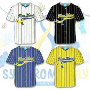 May include: Four baseball jerseys with yellow and blue stripes. The jerseys have a white, black, blue, and yellow background. Each jersey has the text "Team Name" with a blue ribbon and a heart.
