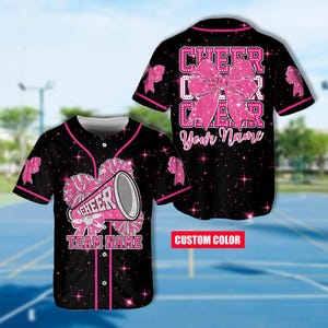 Personalisierte Farbe BEDRUCKT GLITTER Kokette Bogen Cheer Baseball Jersey, Benutzerdefinierte Name Cheerleader Shirt für das Cheerleader Cheer Coach Cheer Team