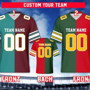 May include: Two customisable football jerseys with green and red colour schemes. The front of the jerseys have the text "TEAM NAME" and the number "00" in yellow. The back of the jersey has the text "YOUR NAME" and the number "00" in yellow.
