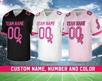 Camiseta de fútbol personalizada con purpurina sintética para concienciar sobre el cáncer de mama, camiseta personalizada con lazo rosa para el cáncer de mama, regalo de apoyo para sobrevivientes del cáncer