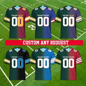 May include: Six different football jerseys with customizable team names and numbers. The jerseys are green, black, red, and blue with a gradient effect. The jerseys have white numbers and white text that says "TEAM NAME TEAM NAME".