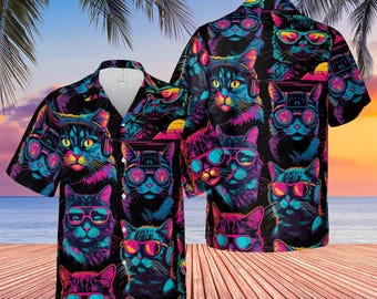 Retro Cat Hawaiian Shirt Men Women Youth, Colorful Coffee and Cat