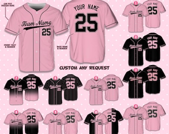 Camiseta de béisbol personalizada con nombre y número, color negro y rosa, ideal para conciertos de música, ideal para aficionados al béisbol y festivales de música.