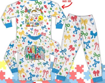 Autism Mama Pajama Sets, Puzzle Piece Autism Awareness Pajamas, Colorful Coquette Bow Autism Pajama For Mom Mama, Autism Support Pajamas Set