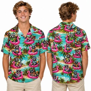 Hawaiihemd mit tropischem Waschbär-Motiv für Damen und Herren, Aloha-Hemd mit Waschbär-Pool-Motiv und Flamingo-, Strand- und Palmenmuster – das perfekte Geschenk für den Sommerurlaub