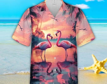 Sunset Flamingo Couple Hawaiian Shirt For Men Women, Romantic Flamingo Button Up Shirt For Flamingo Lover, Flamingo Summer Beach Aloha Shirt